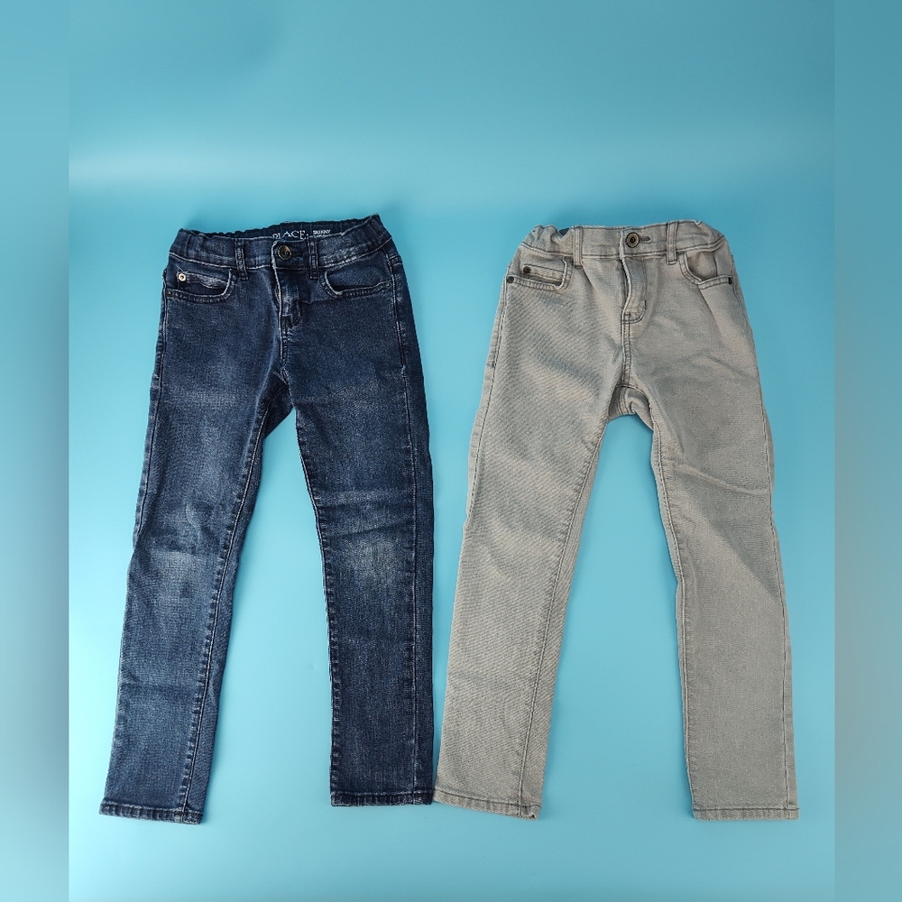 Childrens Place Boys Size 7 Blue & Gray Skinny Jeans Lot Adjust. Waist Zip Snap